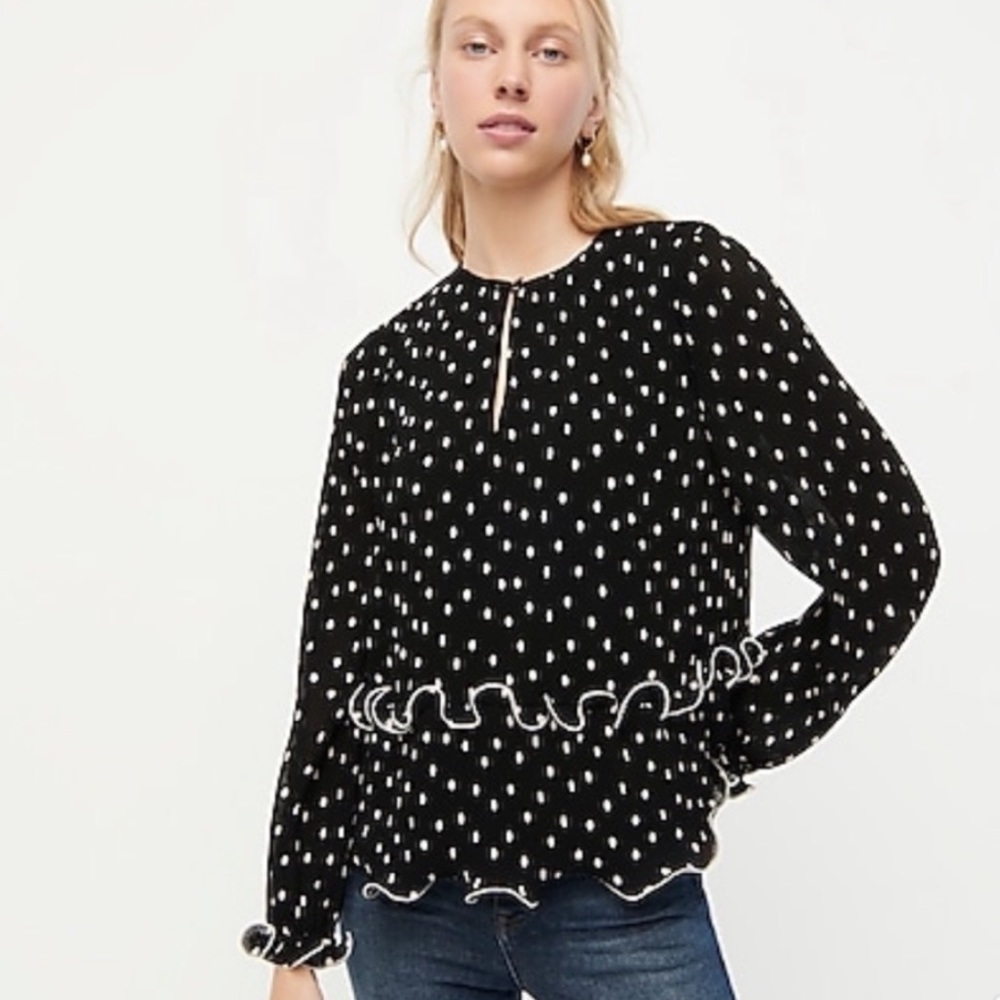 J. Crew Ruffle Trim Peplum‎ Polka Dot In Black Top Size Small